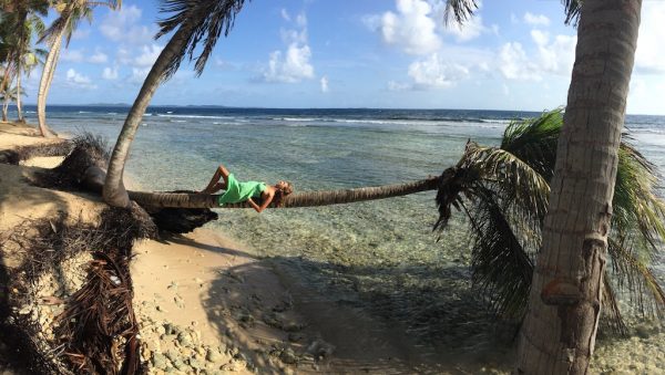 girl laying on a fallen palm tree at a tropical beach
