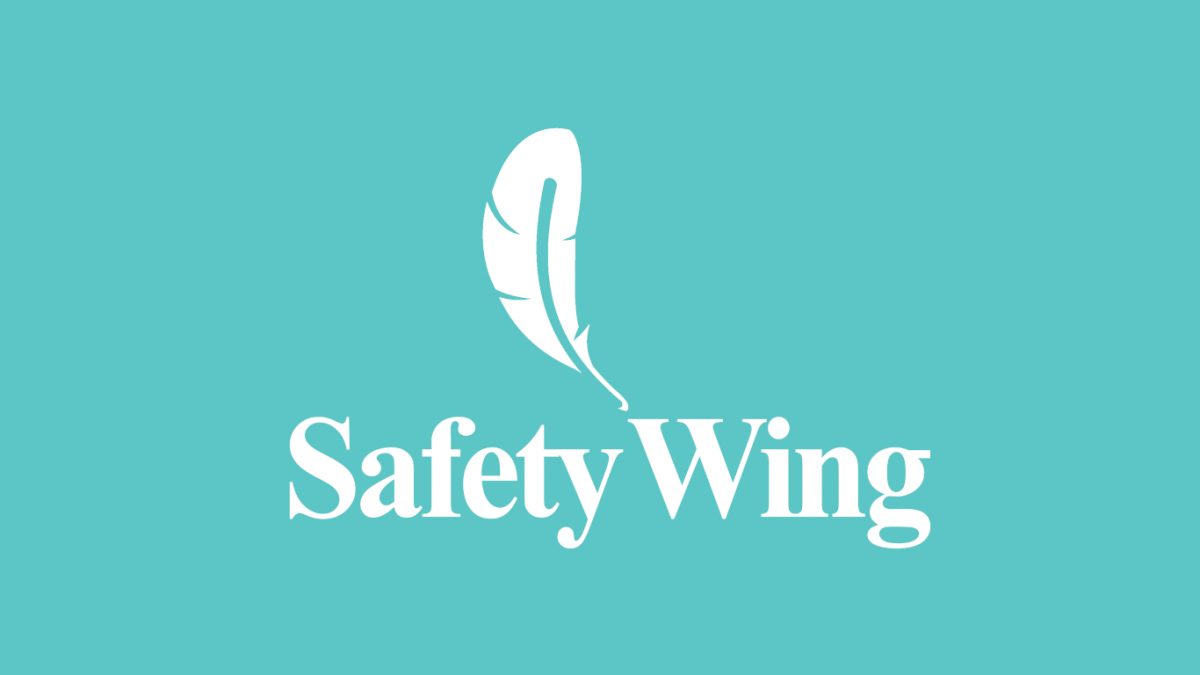 Turquoise and white Safety Wing logo with their feather symbol.